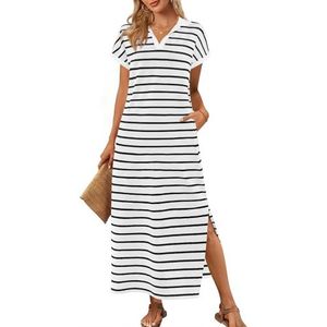 MEROKEETY Dames zomer gestreepte korte mouw jurk V-hals kraag kant split casual strand maxi jurken, Zwart, M