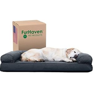 Furhaven Gewatteerd bed van verkoelend gelschuim voor honden in bankstijl met afneembare wasbare overtrek - ijzergrijs, Jumbo (maat XL)