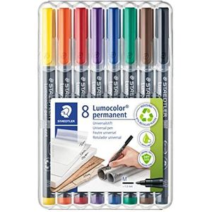 Staedtler 317 WP8 Lumocolor universele pen (permanent, sneldrogend, veeg- en waterbestendig, navulbaar, lijnbreedte M- medium) 8 kleurrijke universele stiften in opstelbare Staedtler box
