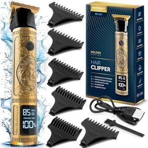 Berdsen Tondeuse, professioneel scheerapparaat voor heren, elektrische baardtrimmer, baardtrimmer, 6 opzetstukken, 1 tot 9 mm, gouden leeuw
