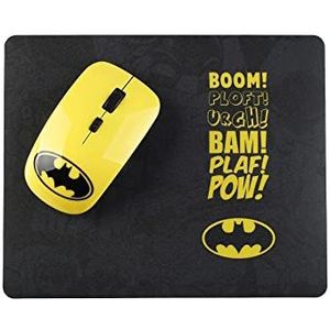 WONDEE Batman 2-in-1 draadloze muis en muismat met Batman-cartoon-motief in geel en zwart, origineel cadeau voor kinderen en volwassenen