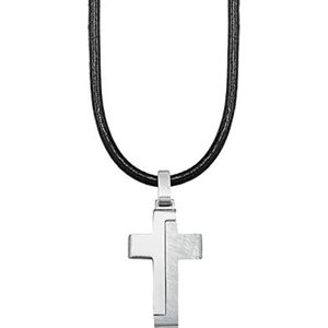 s.Oliver Halsketting Met Hanger Van Roestvrijstaal Leer Jongens Kinderketting, 40+3 cm, Zilver, Kruis, Wordt Geleverd In Sieradendoosje, 2024225