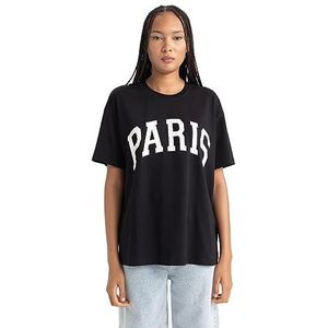 DeFacto Dames T-shirt - Klassiek basic oversized shirt voor dames - comfortabel T-shirt voor vrouwen, zwart, L