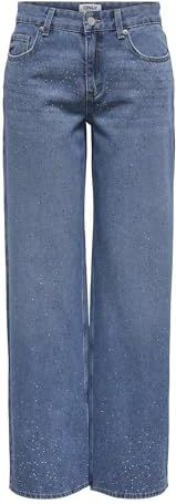 ONLY Onlcath Lw Wide Rhinestone DNM PIM, blauw (medium blue denim), 27W / 32L