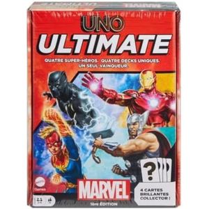 Mattel Games UNO Ultimate Marvel HPT47 Kaartspel Franse versie, superheldendesign, Captain Marvel, Iron Man, Black Panther, Thor, speciale regels, vanaf 7 jaar