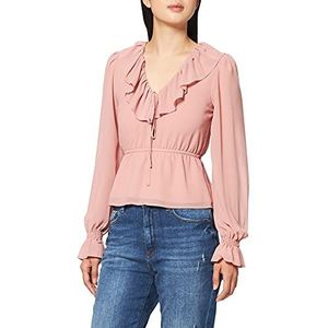 NA-KD Frill damesblouse met V-hals, chiffon, Roze - Dusty Pink, 32