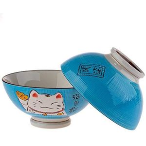 lachineuse - 2 soep- of ramenkommen - Maneki Neko Design - Blauwe kleur - Multifunctionele kommen - Porselein - Japanse decoratie - Cadeau-idee Japan Azië