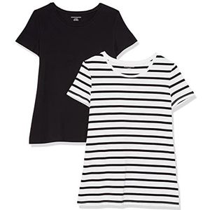 Amazon Essentials Women's T-shirt met korte mouwen en ronde hals in klassieke pasvorm, Pack of 2, Wit Streep/Zwart, S