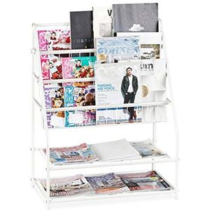 Relaxdays tijdschriftenrek metaal - tijdschriftenhouder vrijstaand - boekenrek - staand - wit