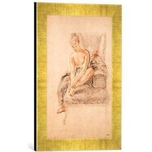 Ingelijste afbeelding van Jean Antoine Watteau Semi-Nude Woman Seated on a Chaise Longue, Holding her Foot, Art Print in hoogwaardige handgemaakte fotolijsten, 30x40 cm, Gold Raya