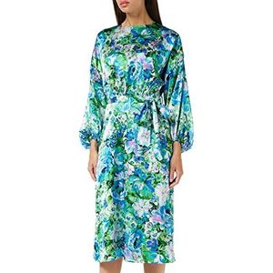 Hope & Ivy De Arielle satijnen midi-jurk met bloemenprint voor dames met blousemouwen voor speciale gelegenheden, Blauw/Groen, 38