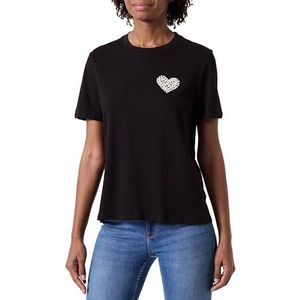PIECES Dames Pcsria Ss T-shirt met ronde hals, Zwart/Detail: wit parelhart, S