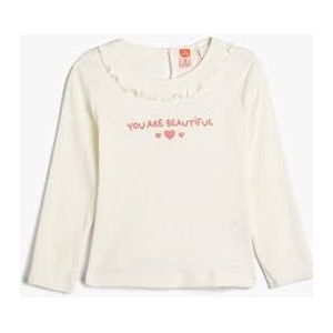 Koton Babygirl T-shirt met lange mouwen, ronde hals, geribbeld, geborduurd detail, katoen, ecru(010), 9-12 Maanden