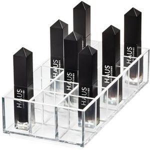 iDesign Vak verdeelde lippenstift organizer uit de Signature Series van Sarah Tanno, lange PET make-up organizer opbergdoos, BPA-vrij kunststof, helder/mat wit, 20,2 x 10 x 5 cm