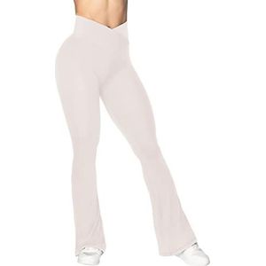 Sunzel Legging, crossover yogabroek met buikcontrole, hoge taille en uitlopende, wijde pijpen, Beige, M