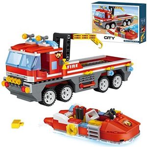 City brandweerauto, bouwspeelgoed met brandreddingsboot, brandweerspeelgoed met 3 brandweermans, educatief speelgoed, creatief cadeau voor jongens en meisjes vanaf 6 jaar, 354 stuks