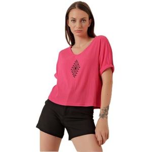 Mt Clothes - Blouse geborduurd met V-hals - fuchsia, maat 36, Roze, 34