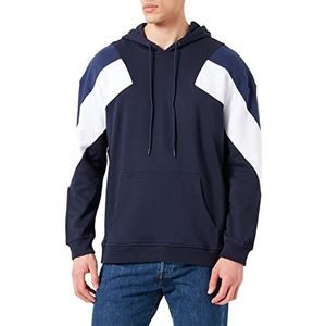 Urban Classics Herentrui met capuchon, retro, colour-bocking, oversized, 3-kleurige hoodie, midnight navy/wit/donkerblauw, L/Groten moten