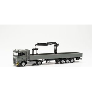 Herpa vrachtwagen model Iveco S-Way ND LNG platformoplegger met laadkraan, schaal 1:87, voor diorama, modelbouw, verzamelobject, Made in Germany, kunststof