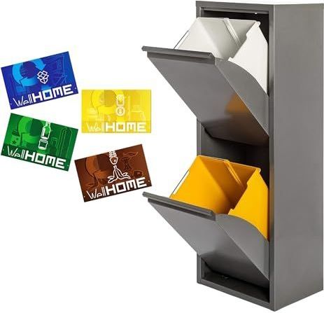 Wellhome - Metal Afvalbak - Glansgrijs - 34L - 2 Compartimenten - Met 4 Magnetische Labels