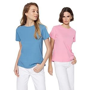 Trendyol Dames Indigo-Pink 100% Katoen Suprem Bike Collar 2 Pakket Gebreide T-shirt, XS