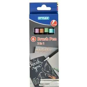 Stylex 32840 - Brush Pen 2 in 1, viltstiften in 6 metallic kleuren met flexibele borstel en vezelpunt, lijndikte 1-5 mm