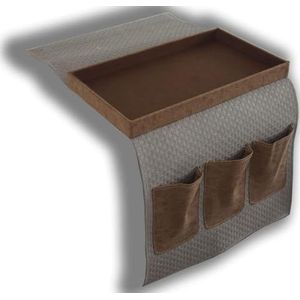 DRW Afstandsbediening houder voor bank, met dienblad, kunstleer, beige en bruin, 35 x 2 x 70 cm