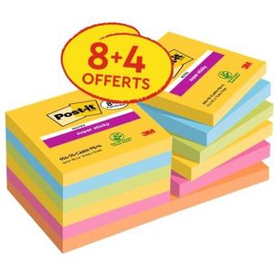 Post-it Super Sticky Notes Carnival Color Collection, voordeelverpakking van 8 + 4 gratis pads, 90 vellen per pad, 76 mm x 76 mm, geel, blauw. Groen, Roze - Extra kleverige notities voor het maken en