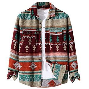 FindThy Geborsteld flanellen overhemd voor heren met etnisch Azteek-patroon, revers-overhemd met knoopsluiting in tribaldesign, 01 donkerrood., M