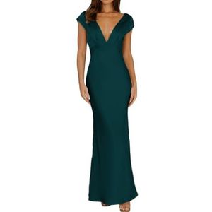 Halfisland Satijnen zomerjurk voor dames, v-hals, kapmouw, rugloze maxi-jurk, elegante twist, uitgesneden midi-jurken, bruiloftsgast, Groen, XS