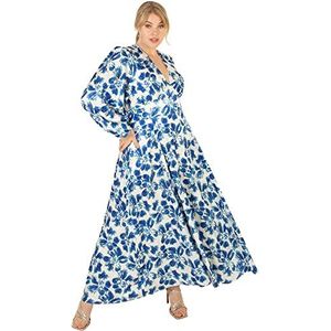 Lovedrobe Damesjurk voor grote maten dames V-hals maxi lange mouwen lengte stropdas riem bisschop bloemenpatroon voor kantoor feest, Blauw, 48