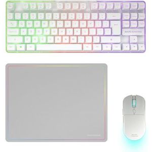 Mars Gaming MCPWTKL, Draadloze Gaming-Combo, DualPro Link 2.4GPRO-Technologie, TKL FRGB Rainbow Toetsenbord + RGB 3200DPI Muis met HUANO-schakelaars + Antislip Muismat 360x260mm, Wit, Engels US