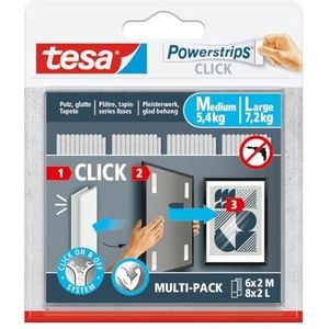 tesa Powerstrips CLICK - Zelfklevende Strips voor Vast- en Losklikken van Fotolijsten en Wanddecoratie zonder te Boren - Kleefstrips met ON en OFF Kliksysteem - 6 x 2 M, 8 x 2 L