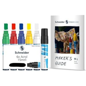 Schneider Paint-It Acrylstiften (set 1, 15 mm lijnbreedte, zeer dekkende acrylverf voor hout, canvas, steen enz.) 6 stuks incl. Makers Guide