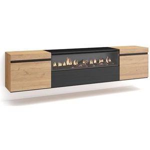 Skraut Home TV-kast | televisie | woonkamermeubel | opslag | 200 x 45 x 35 cm | voor tv's tot 80 inch | elektrische open haard | hangend | moderne stijl | eiken en zwart