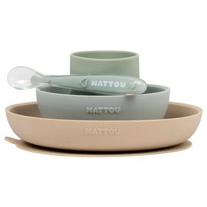 Nattou Siliconen 4-delig Servies voor Kinderen - Bord + Kom + Beker + Lepel - Antislip - BPA-vrij - Groen/Zand