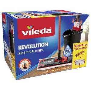 Vileda Revolution Box, vloerwassysteem met emmer en platte plaat, 2 doeken van microvezel, voor alle vloertypes, handvat 3 stuks, zwart/rood, 40 x 28,3 x 28,5 cm, 1,53 kg
