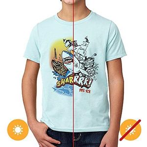 Del Sol Jeugd jongens Premium Crew Tee - Sharrrk!, Ice Blue T-Shirt - Veranderingen van zwart naar levendige kleuren in de zon - 100% gekamd, ringgesponnen katoen, Relaxed Fit - Maat YM