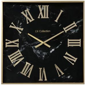 LW Collection Wandklok Marmer Sierra Zwart Goud 60cm - Vierkante industriële wandklok - Grote moderne wandklok met Romeinse cijfers - Stil uurwerk - Stille klok