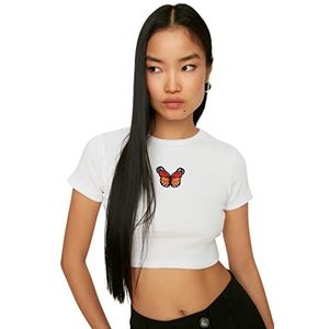 Trendyol Dames Wit Bedrukt Crop Gebreide T-Shirt, L