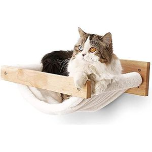 FUKUMARU Kattenhangmat voor aan de muur, kattenbedden en zitstokken, houten kattenmeubels voor aan de wand, stabiele kattenplanken om in te slapen, spelen, klimmen en loungen, witte flanellen