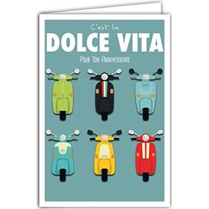 Afie 69-4305 verjaardagskaart met envelop – mini-poster formaat 17 x 11,5 cm – scooter 2 wielen Italiaanse Dolce Vita reizen retro vintage 69-4305 HA, blauw