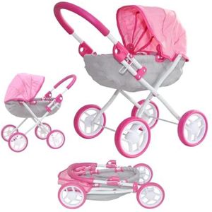 Milly Mally Poppenwagen Dori inklapbaar, voor meisjes vanaf 3 jaar, met kap, schuimwielen, riemen Prestige Pink Pink Pink