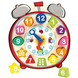 Bino 84053 Shape Sorter Clock Toy. Houten puzzelklok voor kinderen, educatief speelgoed voor leertijd, vormen, cijfers en kleuren.