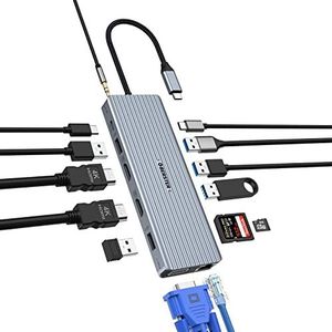 14-in-1 Triple Display USB C Docking Station, Dual HDMI USB C Hub Adapter met 2 HDMI 4K, VG, 10GB USB 3.1, 10GB UCB-C 3.1, 4x USB 2.0, 100W PD, Ethernet, SD/TF, audio voor Windows/macOS