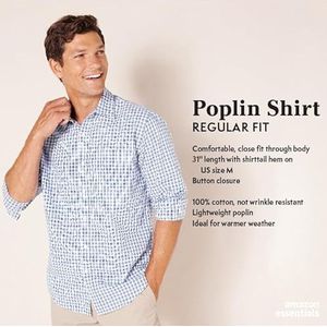 Amazon Essentials Men's Casual poplin overhemd met normale pasvorm en lange mouwen, Aquablauw Plaid, S