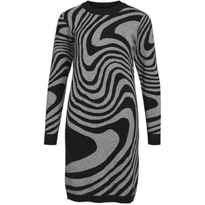 Object Dames Objray L/S Knit Dress AOP Noos gebreide jurk, Zwart/patroon: medium grijs melange zebra, M