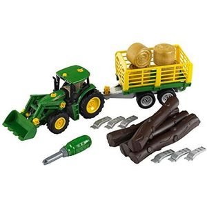 Theo Klein 3906 John Deere-tractor met houtblokken en hooiwagen I Schroevenset inclusief schroevendraaier I Speelgoed voor kinderen vanaf 3 jaar