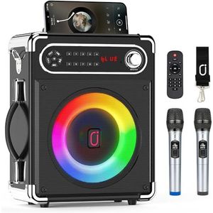 JAUYXIAN Bluetooth-luidspreker, Sistemi PA Karaoke met 2 draadloze microfoons, draagbare luidspreker-muziekbox met ledlampen, ondersteunt USB/TF-kaart, AUX/FM/Rec voor feestjes en buiten