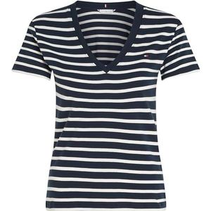 Tommy Hilfiger Vrouwen Nieuwe Slanke Cody V-hals Ss S/S Gebreide Tops, Breton Stp/Woestijnhemel/Ecru, XXS